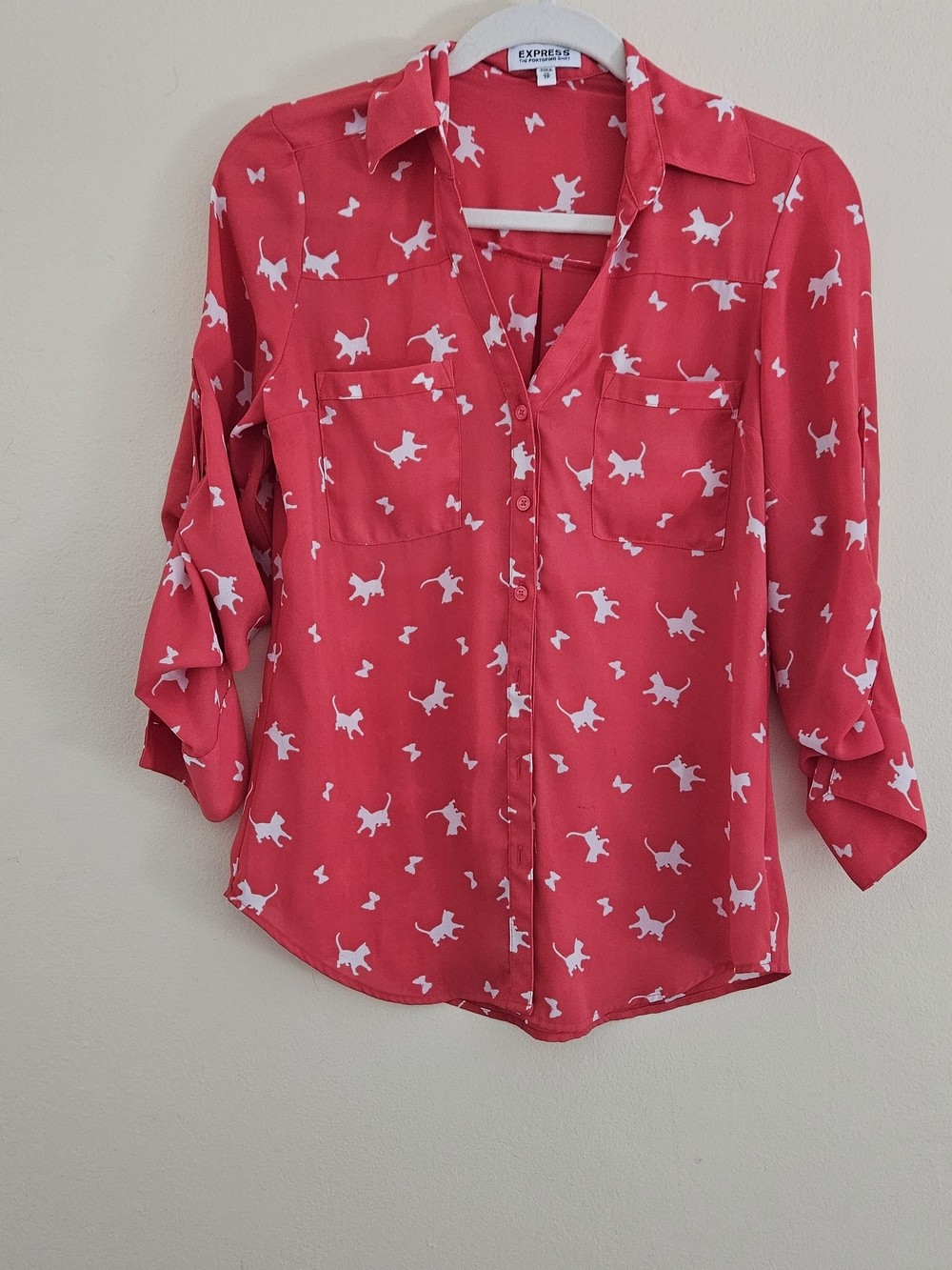 Express Pink Blouse with White Cat Print